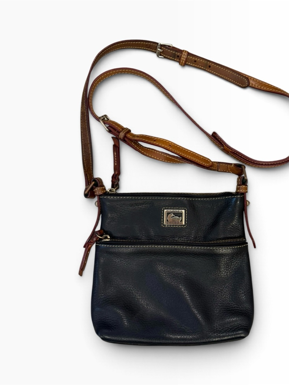 Dooney & Bourke Black Pebbled Leather Brown Trim Crossbody Bag